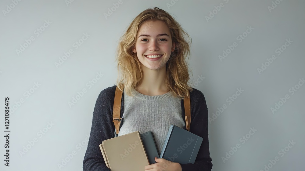 Obraz premium A joyful young woman with shoulder-length hair smiling while holding three books. She exudes positivity and enthusiasm for reading.