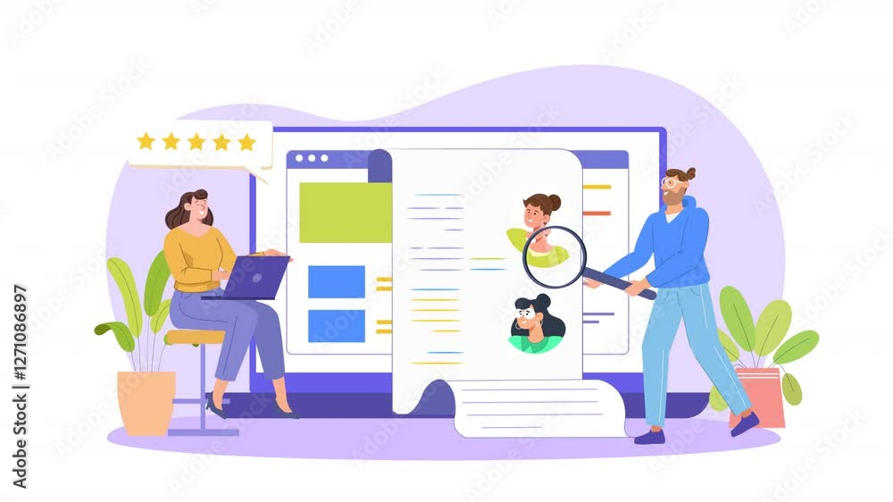 Flat vector scene animation illustrating the recruitment process, with characters reviewing resumes, conducting interviews, and selecting candidates for hiring. Flat vector scene animation illustrating the recruitment process, with characters reviewing resumes, conducting interviews, and selecting candidates for hiring.