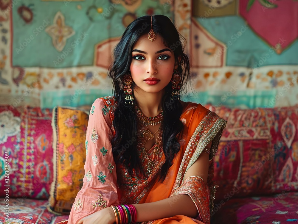 Fototapeta premium A beautiful young woman dressed in traditional Indian attire, showcasing vibrant colors and intricate jewelry against a rich tapestry background.