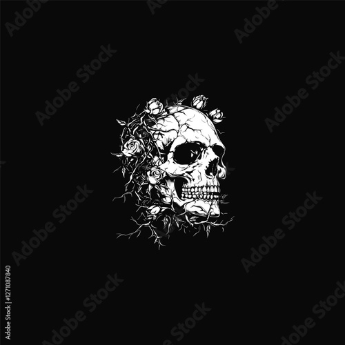 rose flower creeping on skull head design vector template illustration