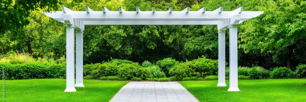 White Pergola Archway in a Lush Green Garden - Serene garden scene, white pergola symbolizing peace, lush greenery representing life, stone path showing journey, bright sunlight suggesting hope White Pergola Archway in a Lush Green Garden - Serene garden scene, white pergola symbolizing peace, lush greenery representing life, stone path showing journey, bright sunlight suggesting hope