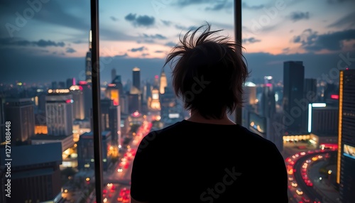 A person silhouette stands in front of a building with large glass windows. The person has short hair and is smiling confidently