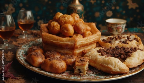 A beautifully arranged plate of traditional Persian pastries and sweets, garnished with chocolate and nuts, presented in an elegant setting.