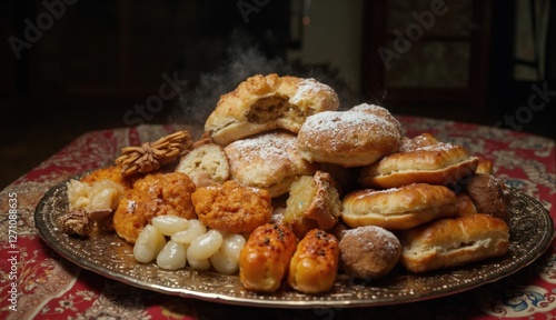 A golden tray filled with an assortment of freshly baked Persian sweets, dusted with powdered sugar, steaming hot and ready to be enjoyed.
