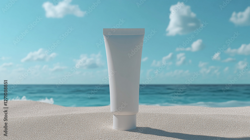 Sun protection on the beach: a blank white tube sits on the sand, ocean and sky backdrop. Stay safe under the summer sun! Sun protection on the beach: a blank white tube sits on the sand, ocean and sky backdrop. Stay safe under the summer sun!
