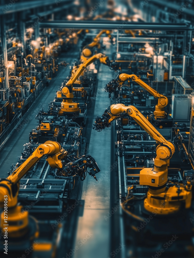 Aerial view of a large industrial complex with robotic arms in operation during daytime Aerial view of a large industrial complex with robotic arms in operation during daytime