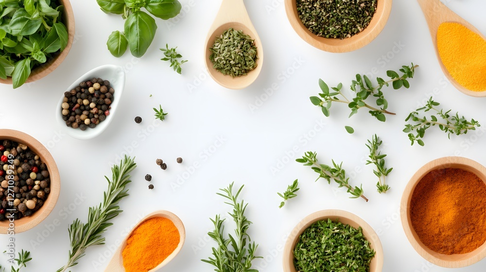 Variety of fresh herbs and spices arranged on a white surface for cooking and culinary preparation Variety of fresh herbs and spices arranged on a white surface for cooking and culinary preparation