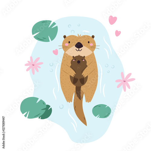 Vector illustration of cute mother otter floating with baby. Cartoon composition with adorable animal