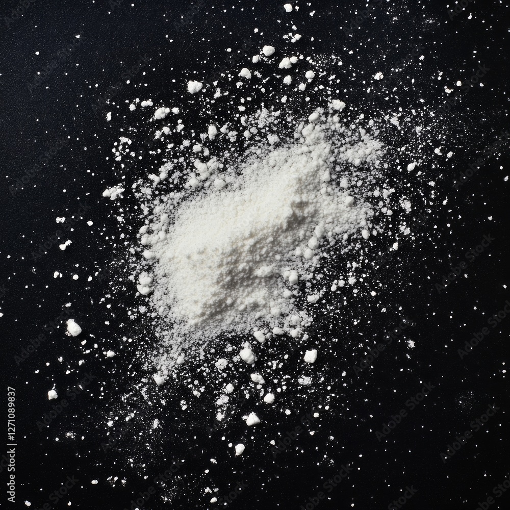 White powder scattered on dark textured surface creating dynamic contrast White powder scattered on dark textured surface creating dynamic contrast