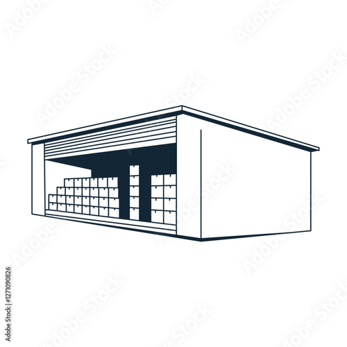 A warehouse with a roll up door and numerous stacked boxes inside