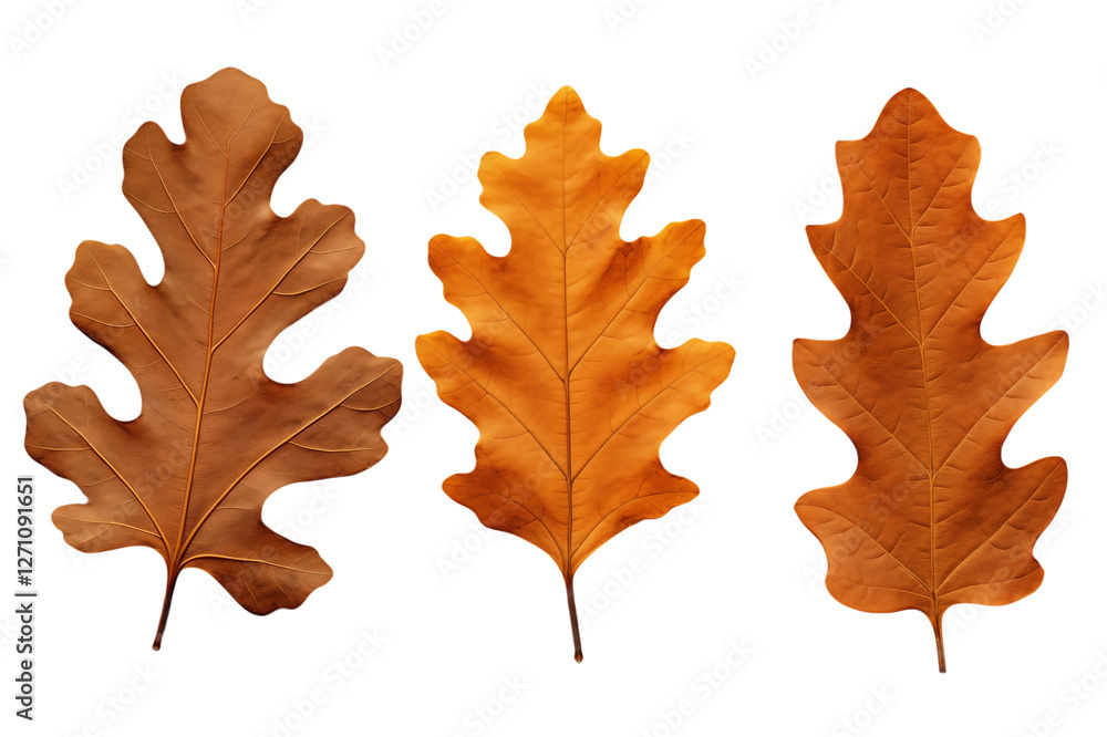 Fototapeta premium Three dried oak leaves isolated on a transparent background.