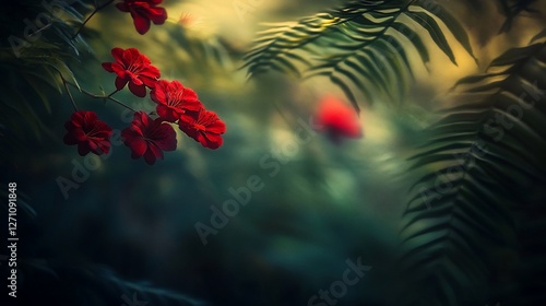 Red flowers bloom in lush green foliage.