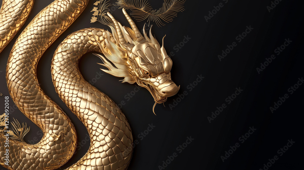 Obraz premium Golden Dragon on Black Background - A majestic golden dragon, intricately detailed, coils elegantly against a stark black backdrop. Gold accents add to the luxurious feel