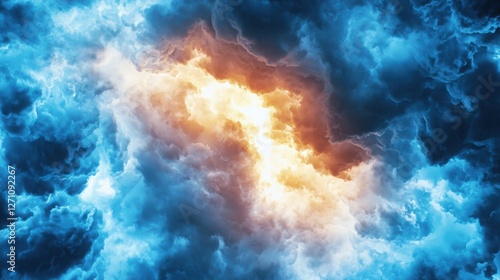 A vivid depiction of swirling clouds illuminated with fiery orange and vibrant blue hues, creating a dynamic, cosmic atmosphere.