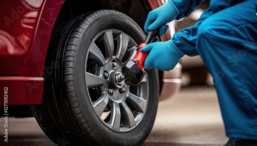 Mechanic Uses Impact Wrench to Tighten Car Wheel Lug Nuts Efficiently
