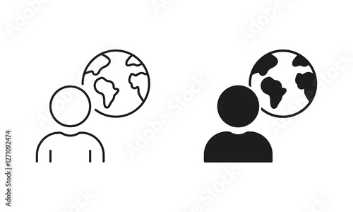 Globe and Person Line and Silhouette Icon Set. Worldwide Communication Pictogram. Global Business Concept. Editable Stroke. Isolated Vector Illustration