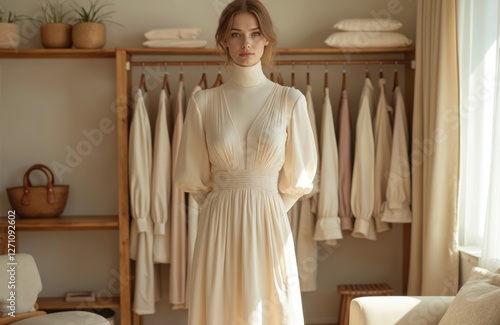 Elegant woman in off-white dress stands near clothes rack. Minimalist chic style outfit with long sleeves in neutral tones. Sophisticated look, modest clothing for bridal, wedding concept. Capsule photo