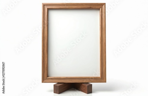 Wooden picture frame with easel isolated on white background. Minimalist decor. Photo display on table surface. Design craft in rustic natural gallery style for portrait keepsakes home decor.