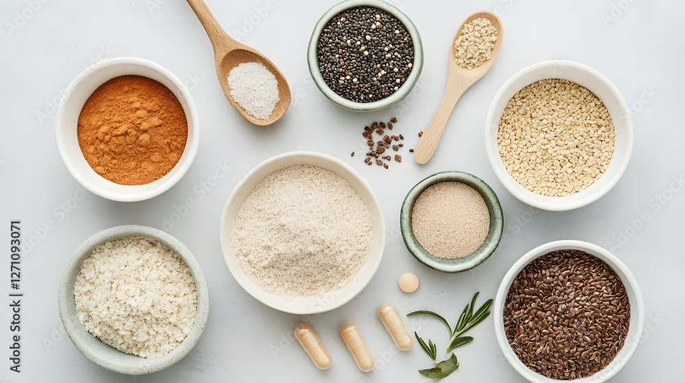 Various spices and grains arranged in bowls on a light surface highlighting different textures and colors Various spices and grains arranged in bowls on a light surface highlighting different textures and colors