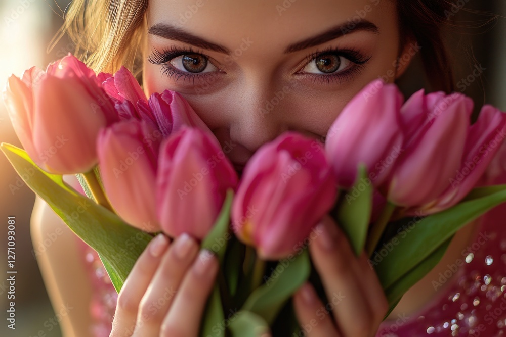 A woman holds a bouquet of bright pink tulips A woman holds a bouquet of bright pink tulips