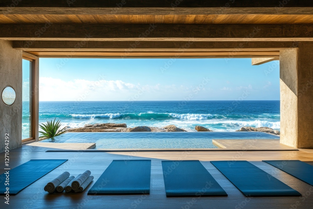 Fototapeta premium Oceanfront Serenity: Coastal Wellness Retreat - Find inner peace at this serene coastal yoga retreat. Ocean views, tranquility, rejuvenation, mindfulness, and self-discovery await