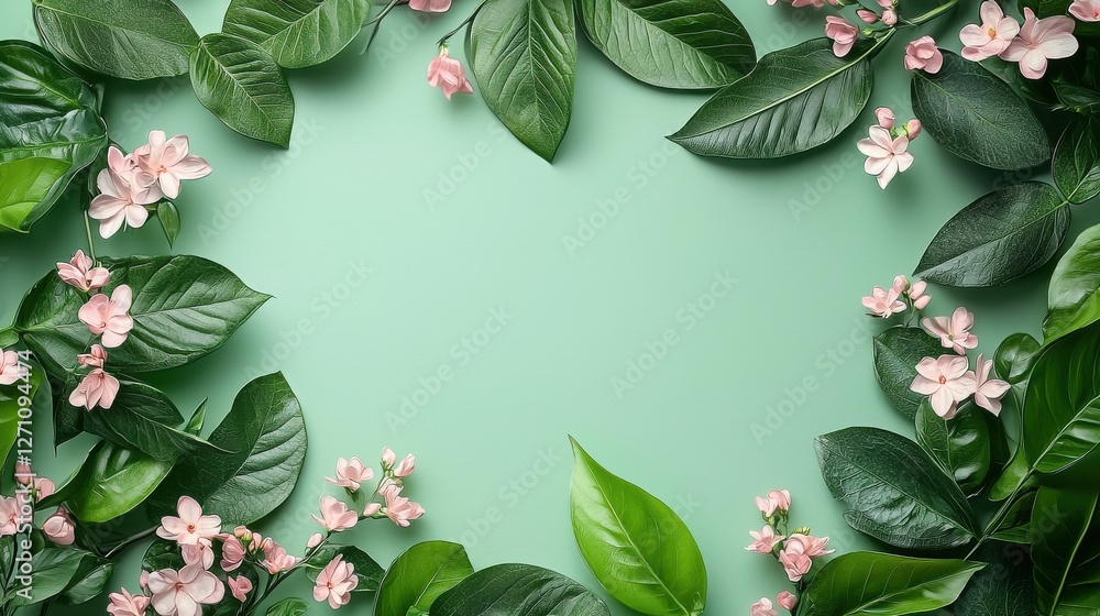 Fototapeta premium Fresh Green Leaves and Pink Flowers Frame on Soft Green Background
