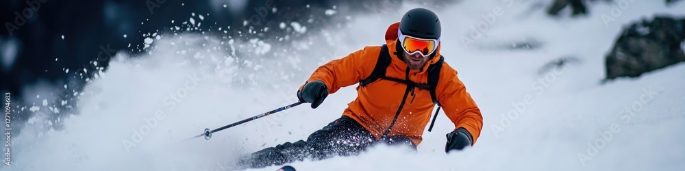 A person on skis speeding down a snow-covered hill A person on skis speeding down a snow-covered hill