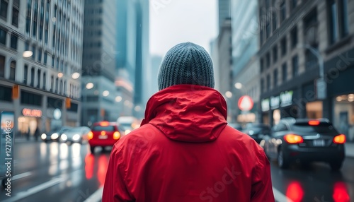 A person wearing a red raincoat and a knitted hat stands with their back to the viewer on a rainy city street. The scene features blurred traffic and tall buildings in the background, creating a moody