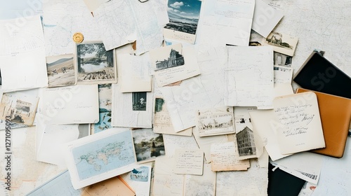 Collection of vintage postcards and maps spread out on a table for historical exploration and enjoyment