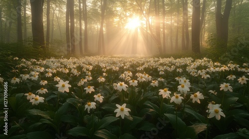 Sunrise through forest, flowers, morning light photo