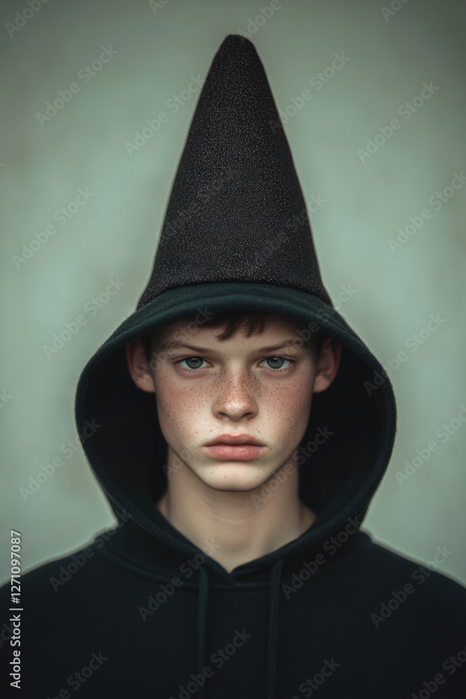 Young man in a pointed hooded cloak, intense and minimalistic portrait. AI-generated artistic photography. Young man in a pointed hooded cloak, intense and minimalistic portrait. AI-generated artistic photography.