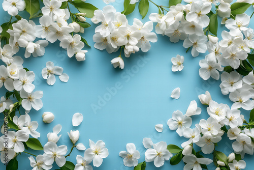 Kwiatowa rama z białymi wiosennymi kwiatami z miękkimi płatkami na jasnoniebieskiej powierzchni