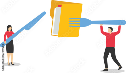 Business people holding knife and fork above files folder on a plate. Database on the plate with fork and knife. Flat vector illustration

