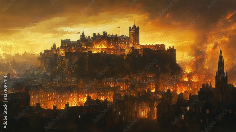 Fototapeta premium The Edinburgh Castle stands atop a volcanic hill, overlooking the historic streets of Scotland capital