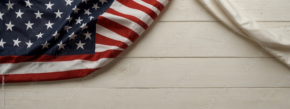 Obraz premium A beautifully arranged American flag on a white wooden background, with clear space for text, ideal for Memorial or Veterans Day, 4 July, independence day