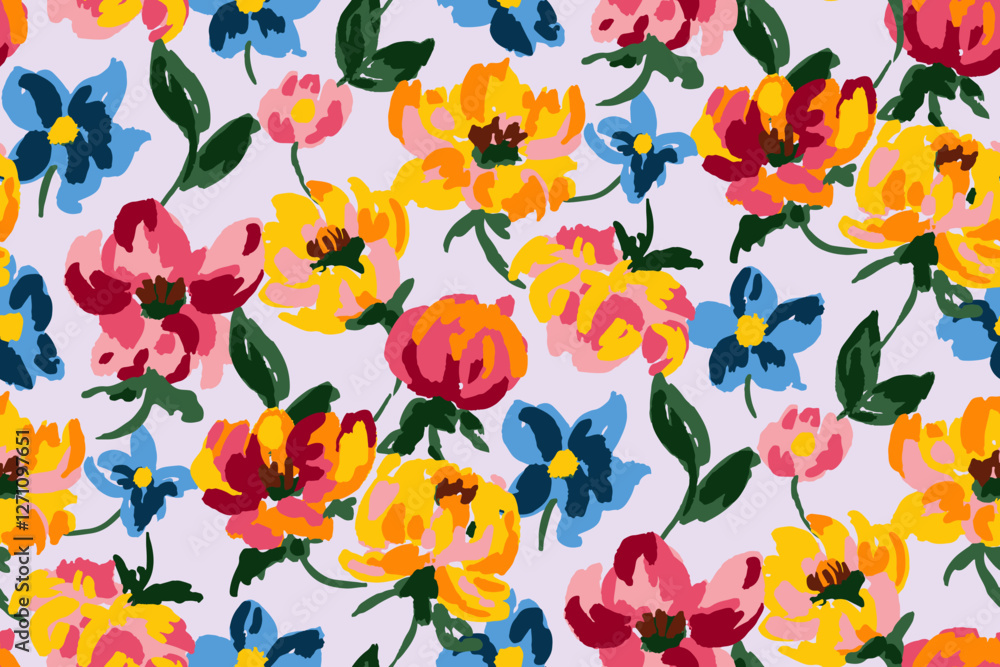 Fototapeta premium Rich abstract floral seamless background hand painted with paint strokes.