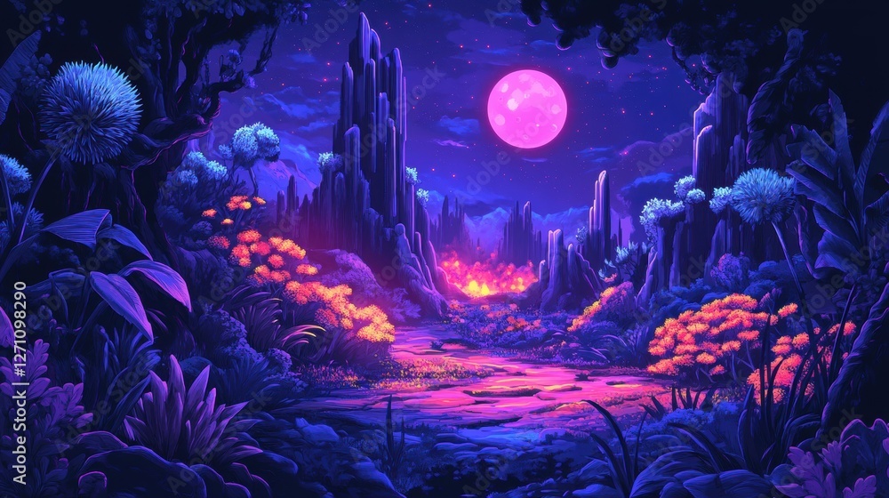 Obraz premium Alien Landscape Underneath a Pink Moon