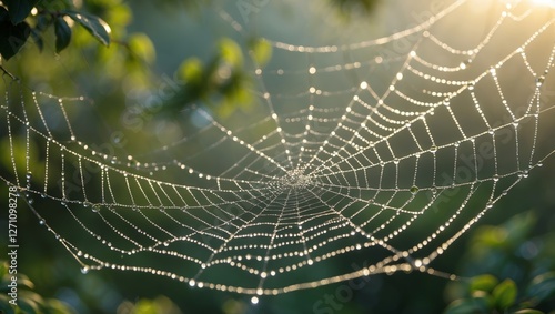 Dew-laden spider web glistens in morning sunlight among lush greenery in a tranquil environment