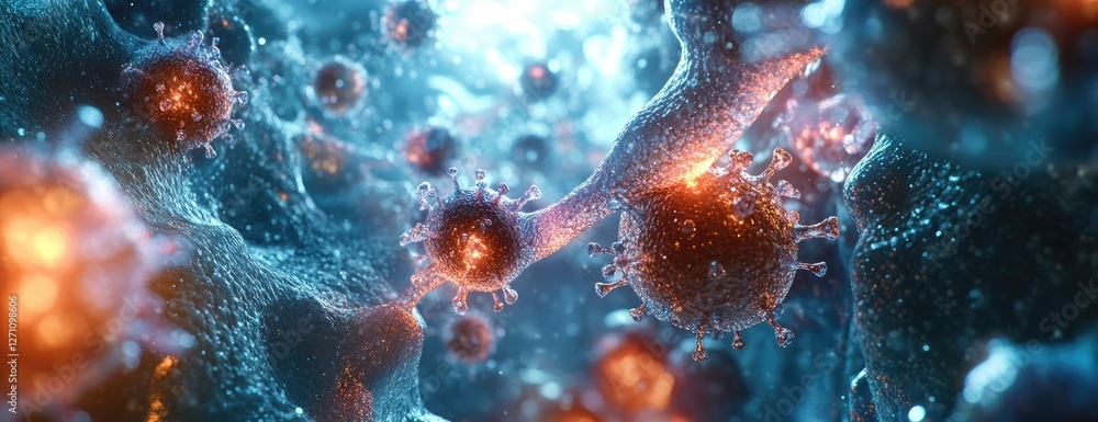Microscopic virus replication, cellular infection, medical research Microscopic virus replication, cellular infection, medical research