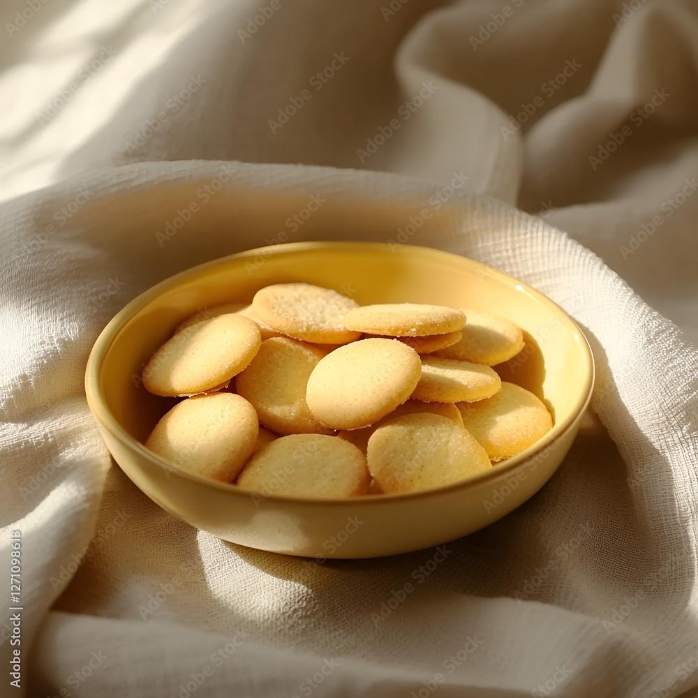 Bowl of delicate, round sugar cookies illuminated by natural sunlight on soft, neutral fabric backdrop. Bowl of delicate, round sugar cookies illuminated by natural sunlight on soft, neutral fabric backdrop.