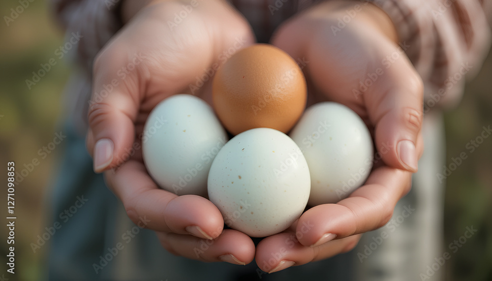 Farmer Holding Freshly Collected Brown and White Eggs in His Hands