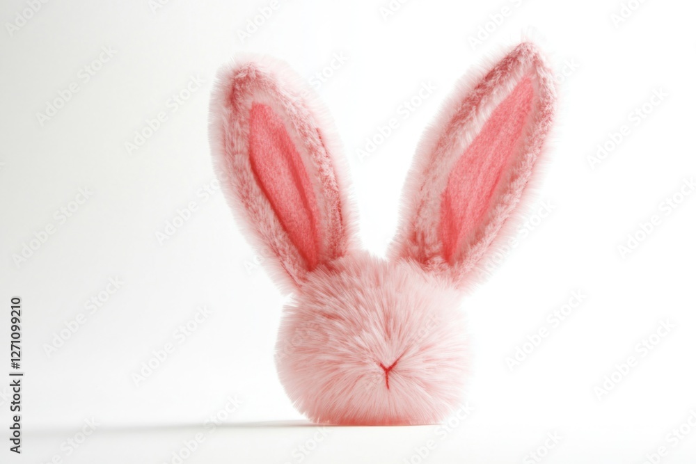 Obraz premium A cute pink stuffed rabbit sitting on a white surface, perfect for kids' illustration or design