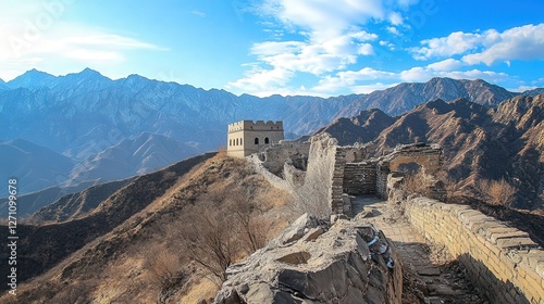 China stretches across rugged landscapes, showcasing ancient stonework, watchtowers, and a serpentine design blending into the mountains. photo