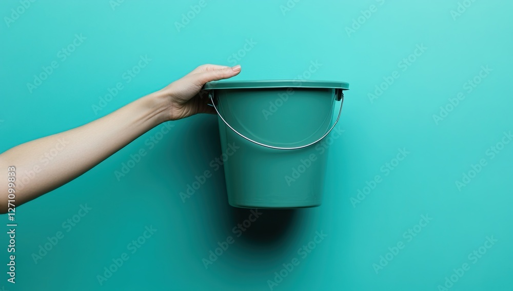Person Gently Lifts Teal Plastic Bucket with Metal Handle Against a Turquoise Background Person Gently Lifts Teal Plastic Bucket with Metal Handle Against a Turquoise Background