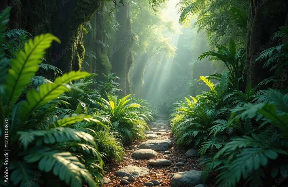 Fototapeta premium Rich green jungle foliage with sun rays. Tropical forest with ferns, palm trees along rocky path. Nature, outdoor adventure, prehistoric landscape. Jurassic park scenery, fantasy background.