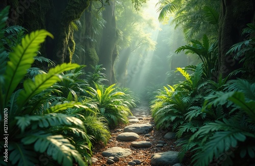 Rich green jungle foliage with sun rays. Tropical forest with ferns, palm trees along rocky path. Nature, outdoor adventure, prehistoric landscape. Jurassic park scenery, fantasy background.