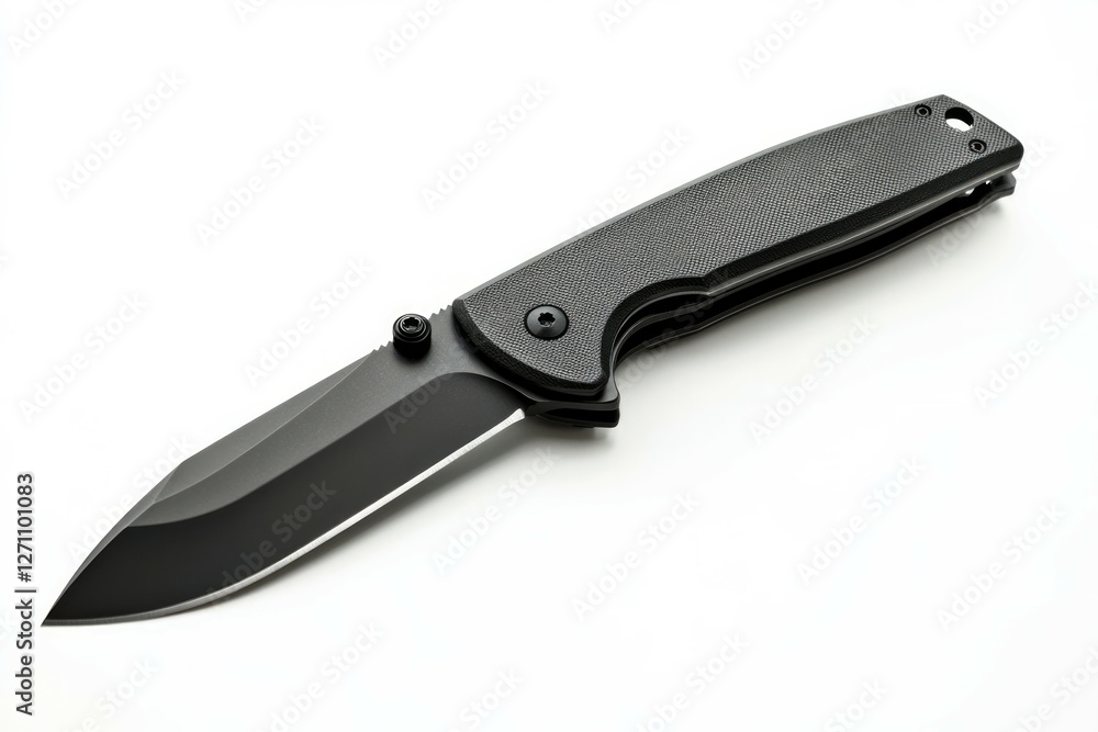 Black tactical knife on solid white background. AI image Black tactical knife on solid white background. AI image