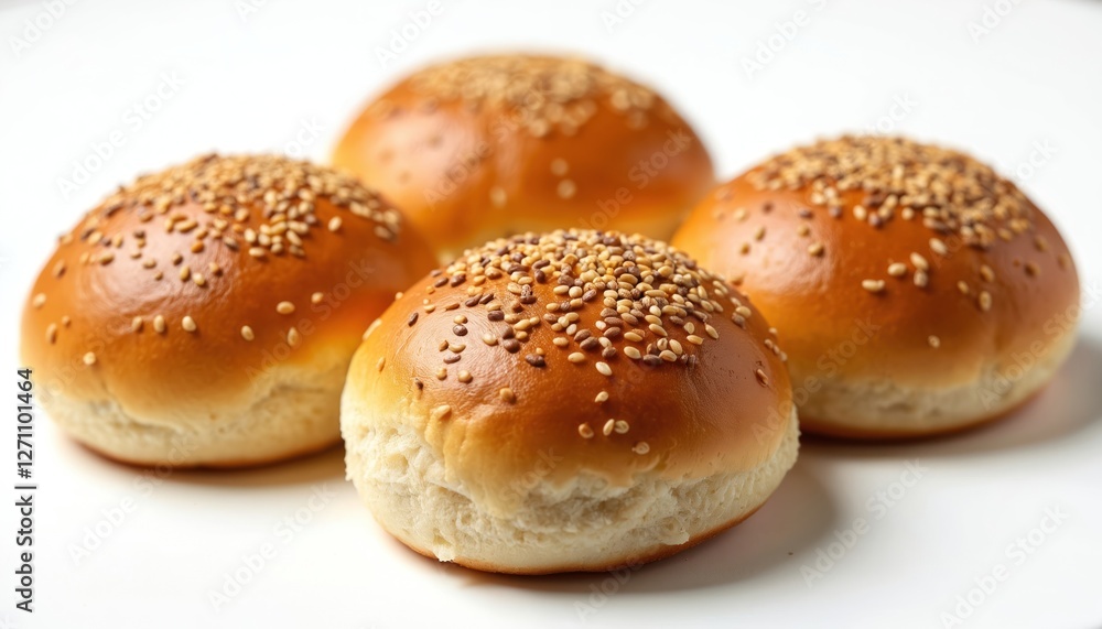 Four sesame seed topped hamburger buns ready for tasty burger. Golden soft bread on white background perfect for food photography. Fresh homemade bakery snack. Cookery dinner meal ideal for foodie. Four sesame seed topped hamburger buns ready for tasty burger. Golden soft bread on white background perfect for food photography. Fresh homemade bakery snack. Cookery dinner meal ideal for foodie.