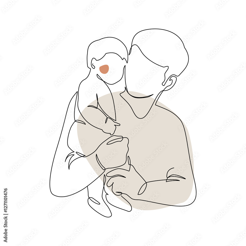 Fototapeta premium Father little kid line drawing. Abstract family continuous line art