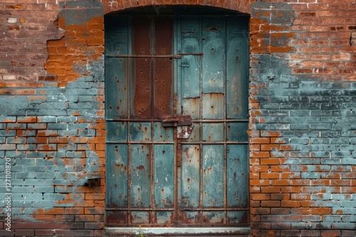 Photo of Red brick wall with old rustic weathered door in european city. Background texture for backdrops or mapping photo